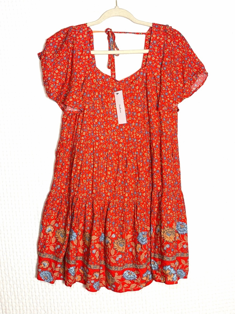 NEW Aakaa Boho Floral Mini Dress M Red Flutter Sleeve Tie Back Rayon Ruffle Hem